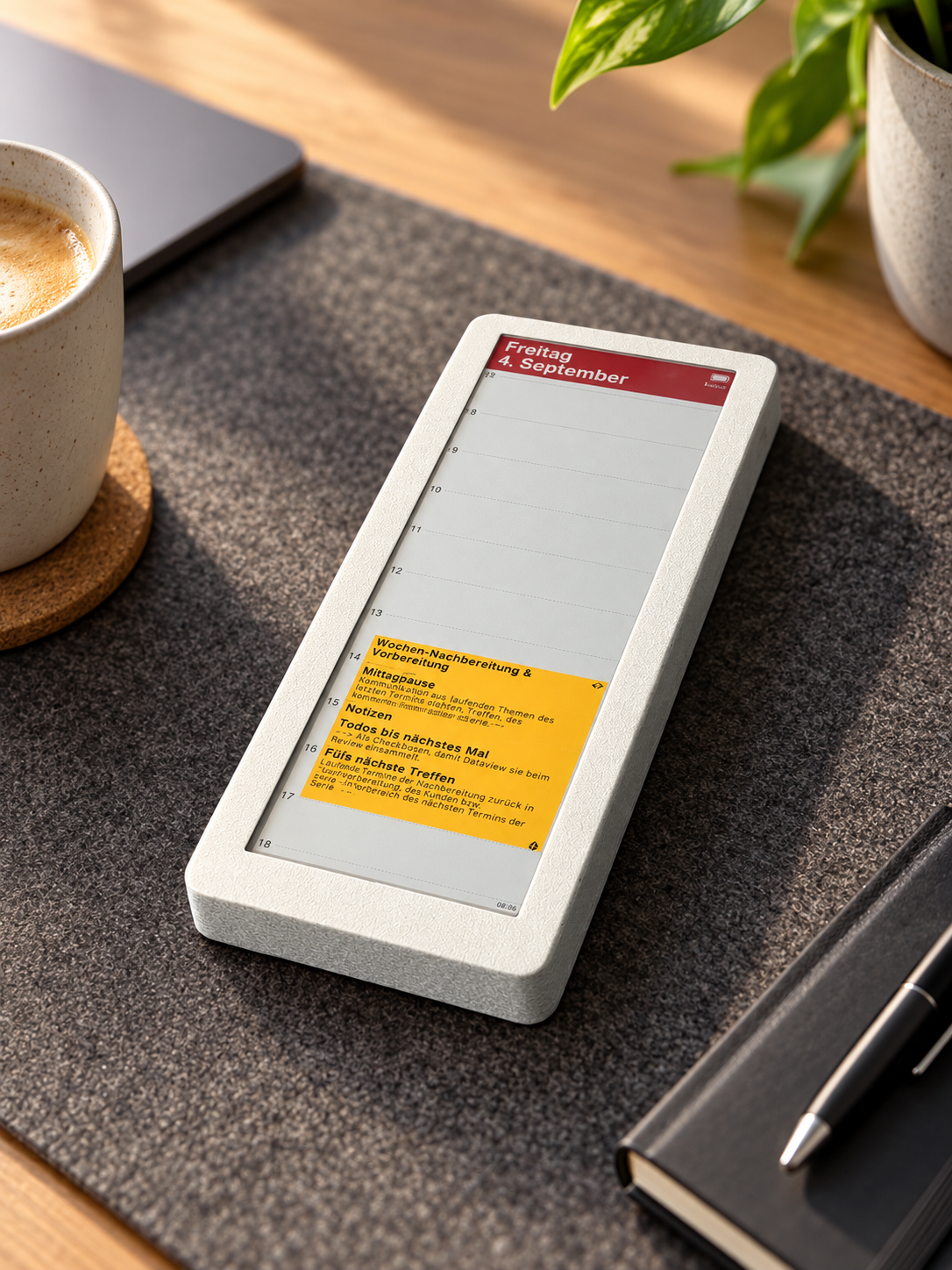 Ein weißes Deskleaf E-Ink-Display zeigt den Tageskalender auf einem Schreibtisch neben Kaffee, Pflanze und Notizbuch.